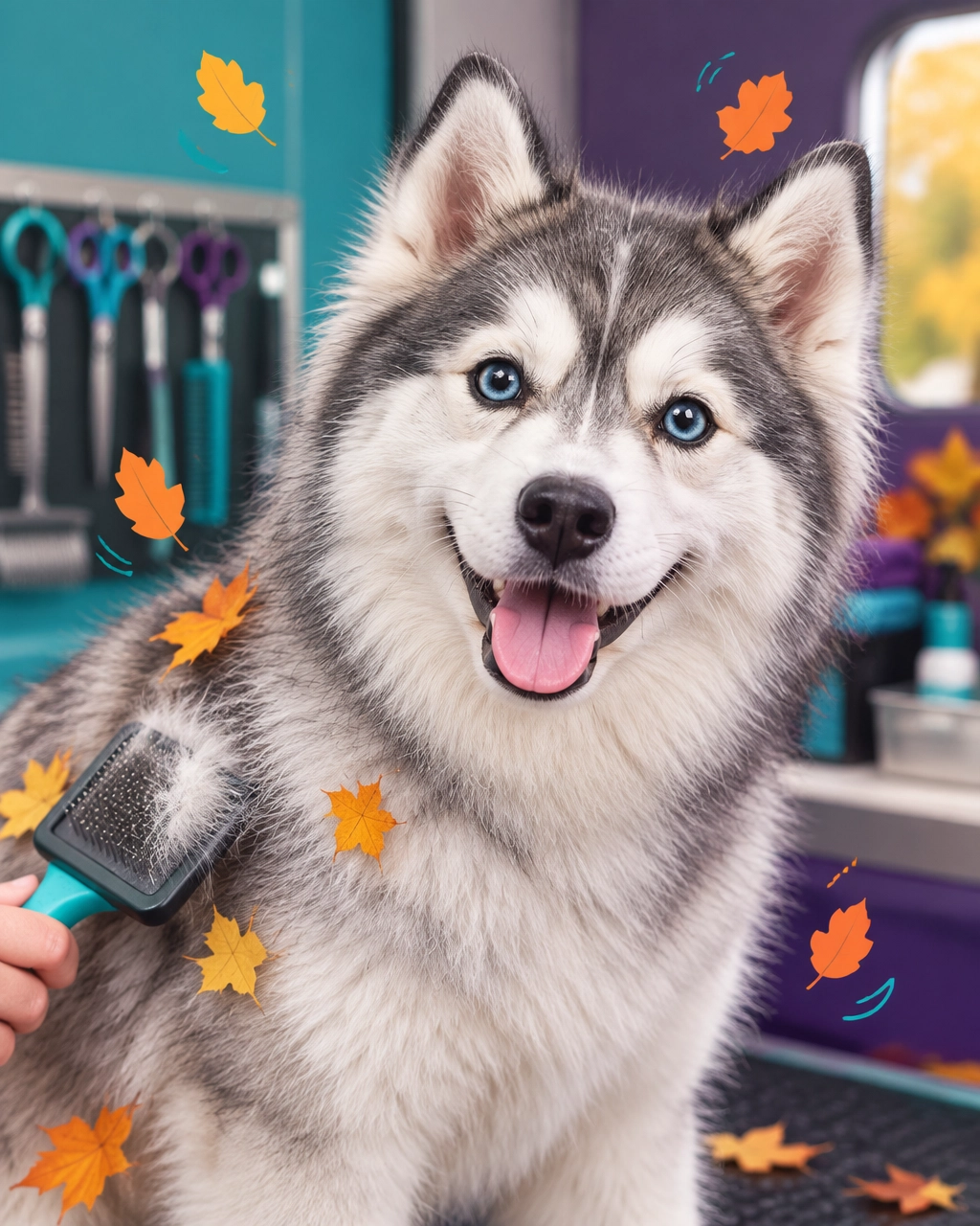 McKinney mobile dog groomer post-Halloween coat care featuring a freshly groomed husky with autumn leaves brushed from its fluffy coat