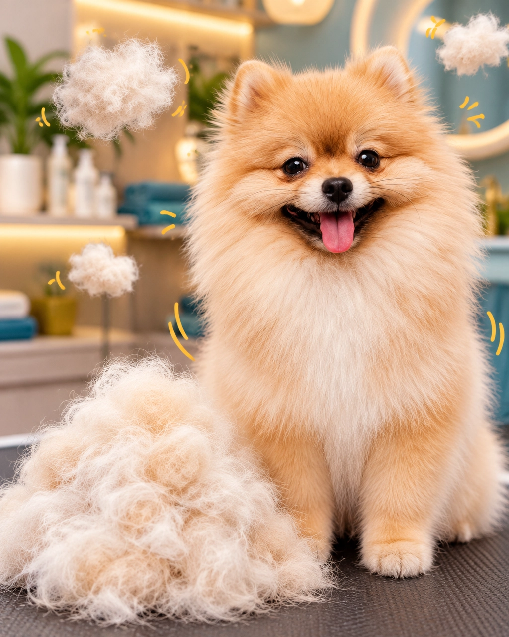 Happy small dog beside a neat pile of brushed-out undercoat after a professional McKinney mobile dog groomer de-shedding visit