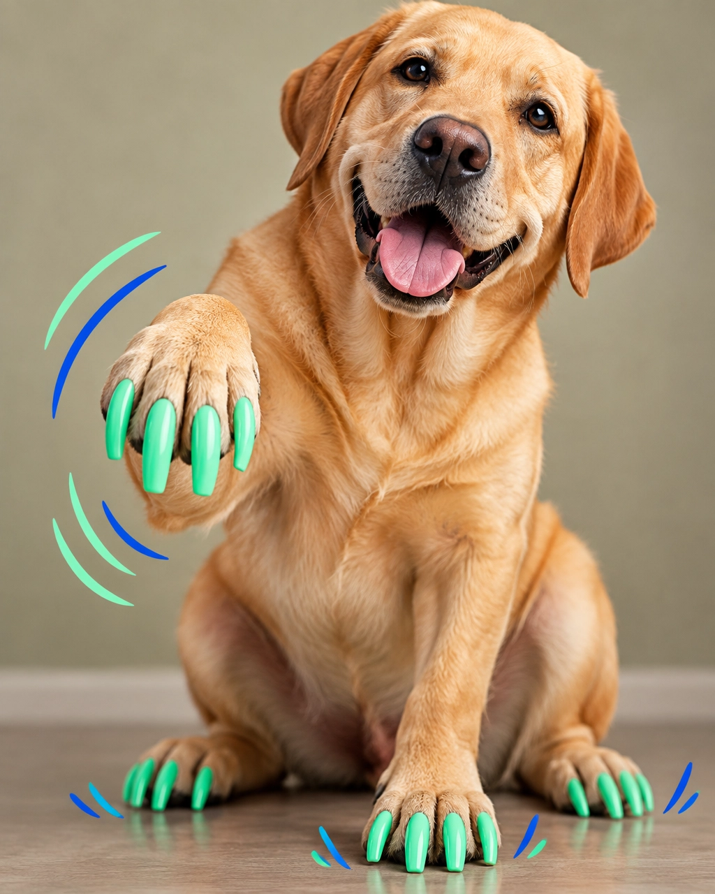 Happy Labrador retriever humorously lifting a paw with oversized cartoon tap-dance nails, photographed by a McKinney mobile dog groomer