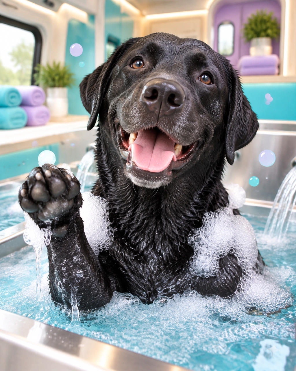 A happy black Labrador raises one paw like a spa celebrity while enjoying a gentle hydromassage bath