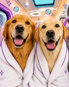 Golden Retriever and Labrador wrapped in towels after a cheerful spa treatment inside a mobile grooming van