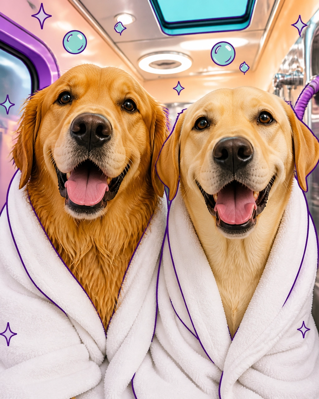 Golden Retriever and Labrador wrapped in towels after a cheerful spa treatment inside a mobile grooming van