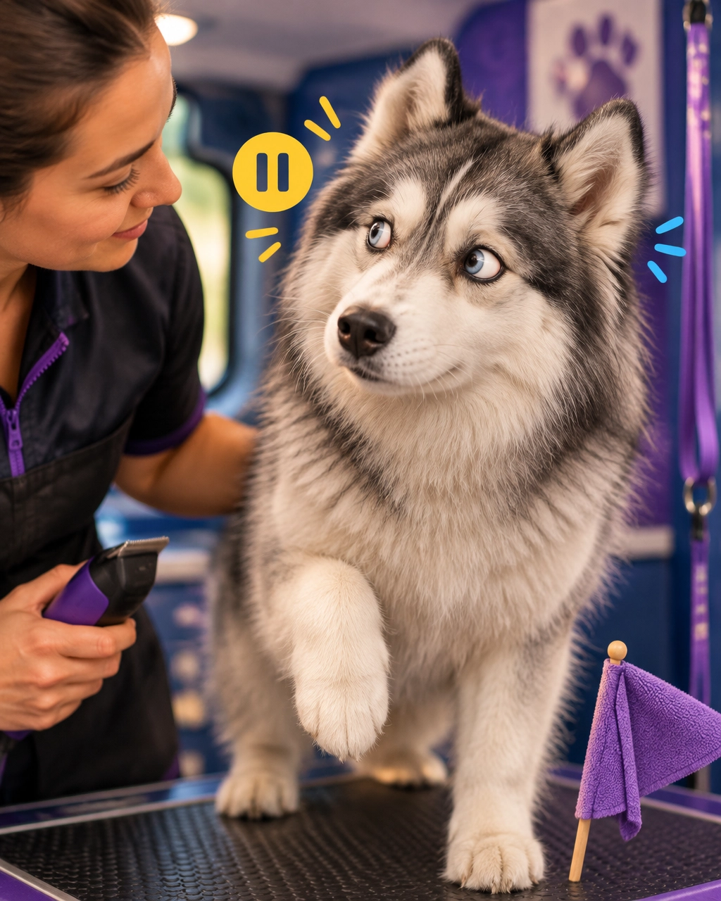 Melissa mobile dog groomer pausing gently when a husky shows a subtle stress signal