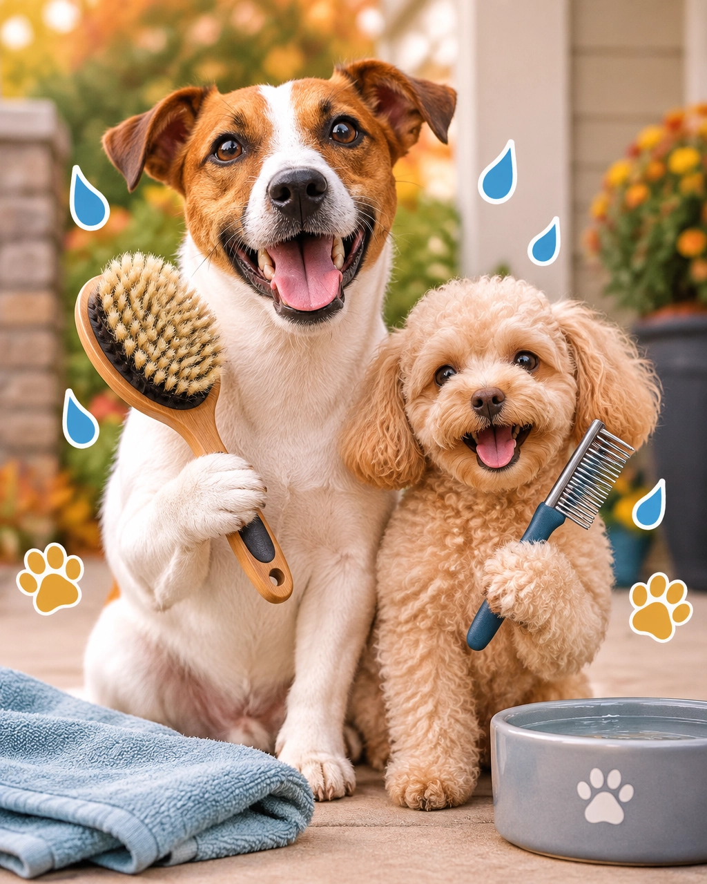 McKinney mobile dog groomer image of two happy freshly groomed dogs holding a brush and comb on a rainy-day porch