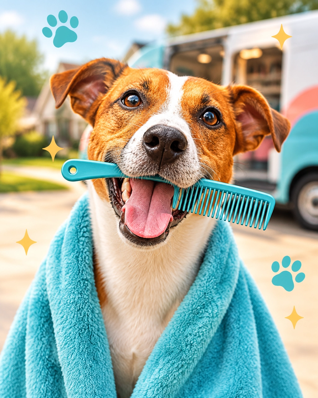 A freshly groomed large Labrador mix posing proudly with a comb in its mouth beside an unbranded mobile grooming van