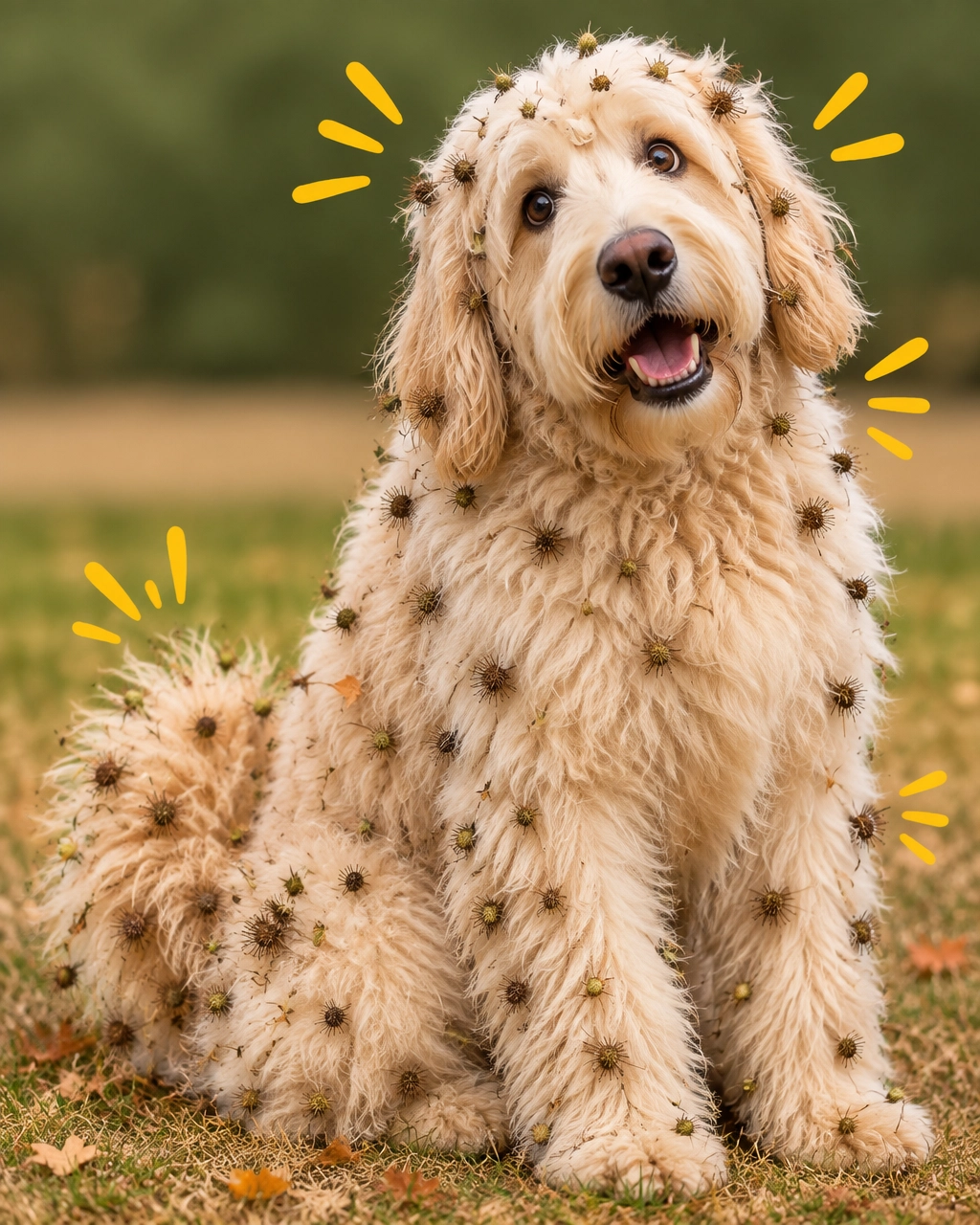 A fluffy large dog looks hilariously overwhelmed while covered in harmless loose grass burrs caught in its outer coat