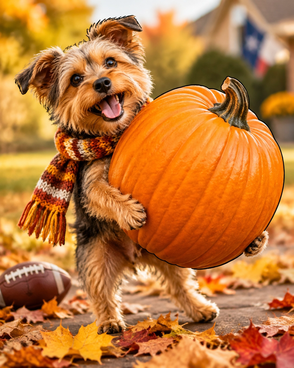 A tiny terrier struggles adorably to carry an oversized pumpkin while wearing a fall scarf