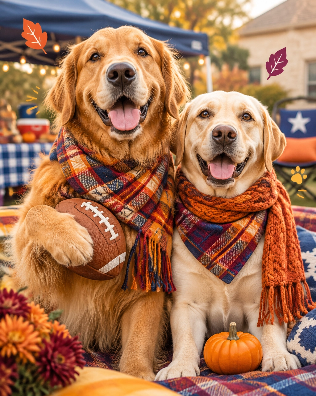 A golden retriever and Labrador enjoy a playful football tailgate with scarves and a tiny football