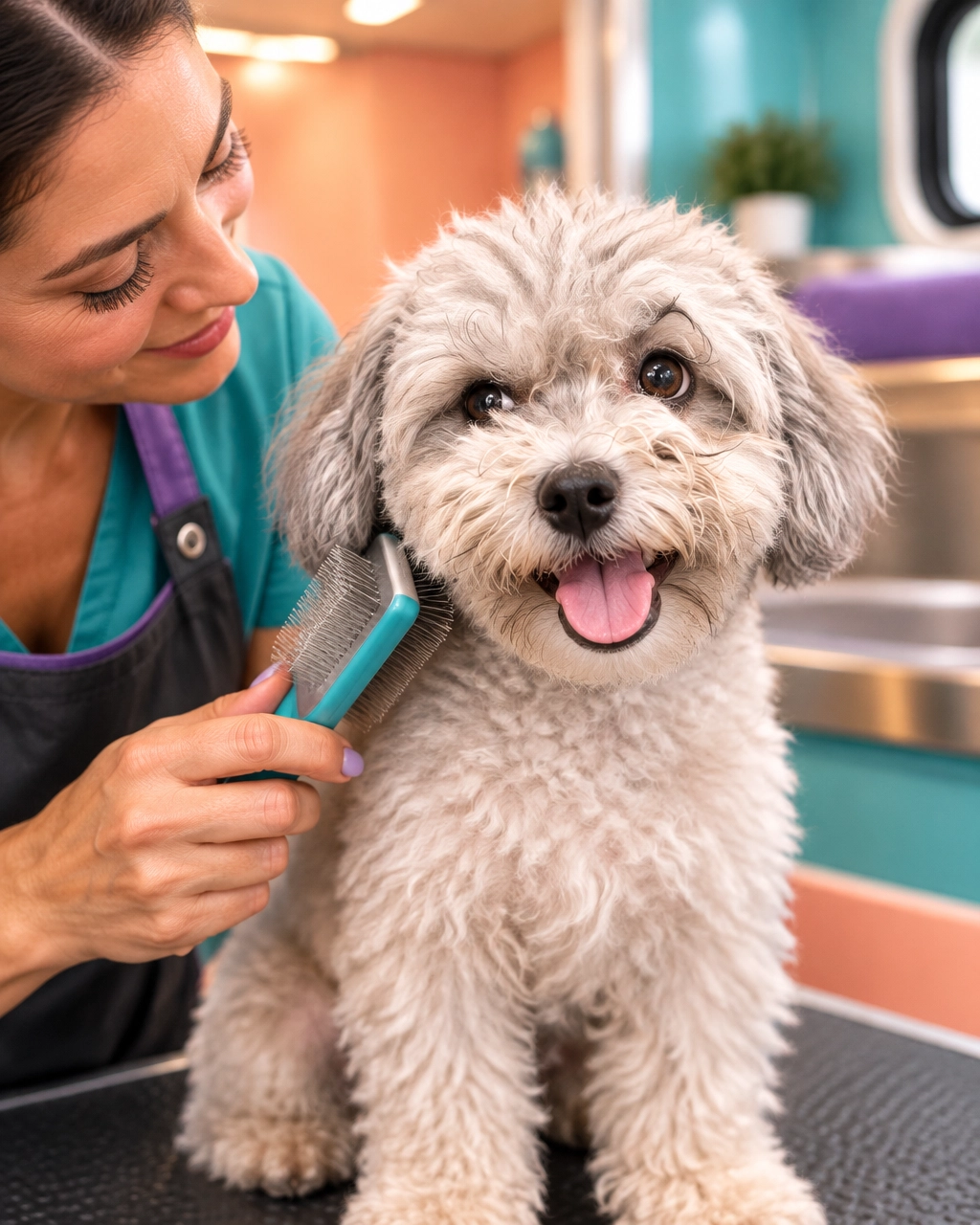 Small dog enjoying calm one-on-one brushing inside a mobile grooming van