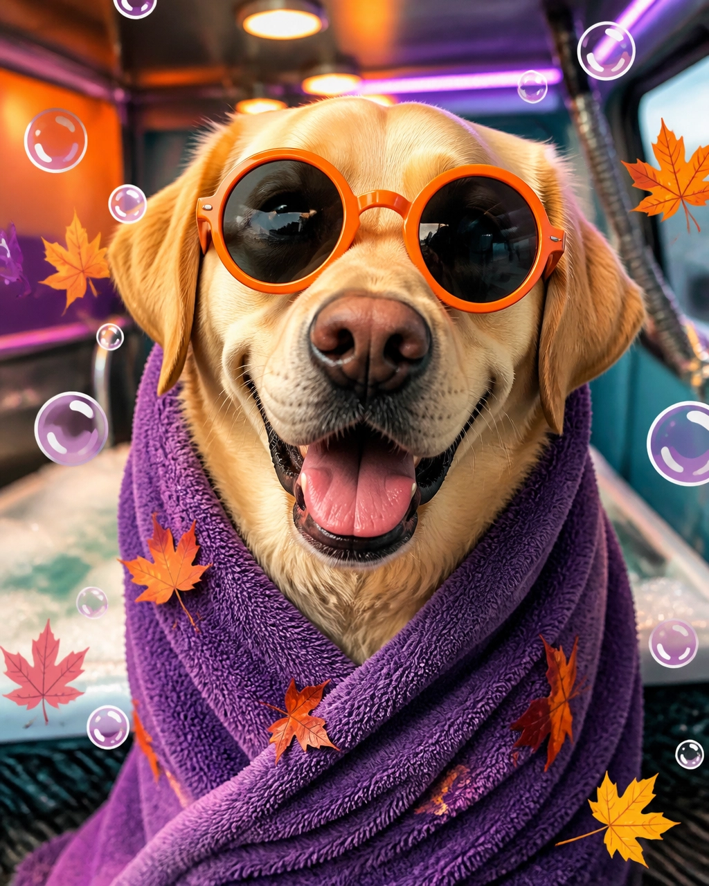 Happy Labrador retriever wearing oversized sunglasses and a spa towel in a playful fall grooming scene