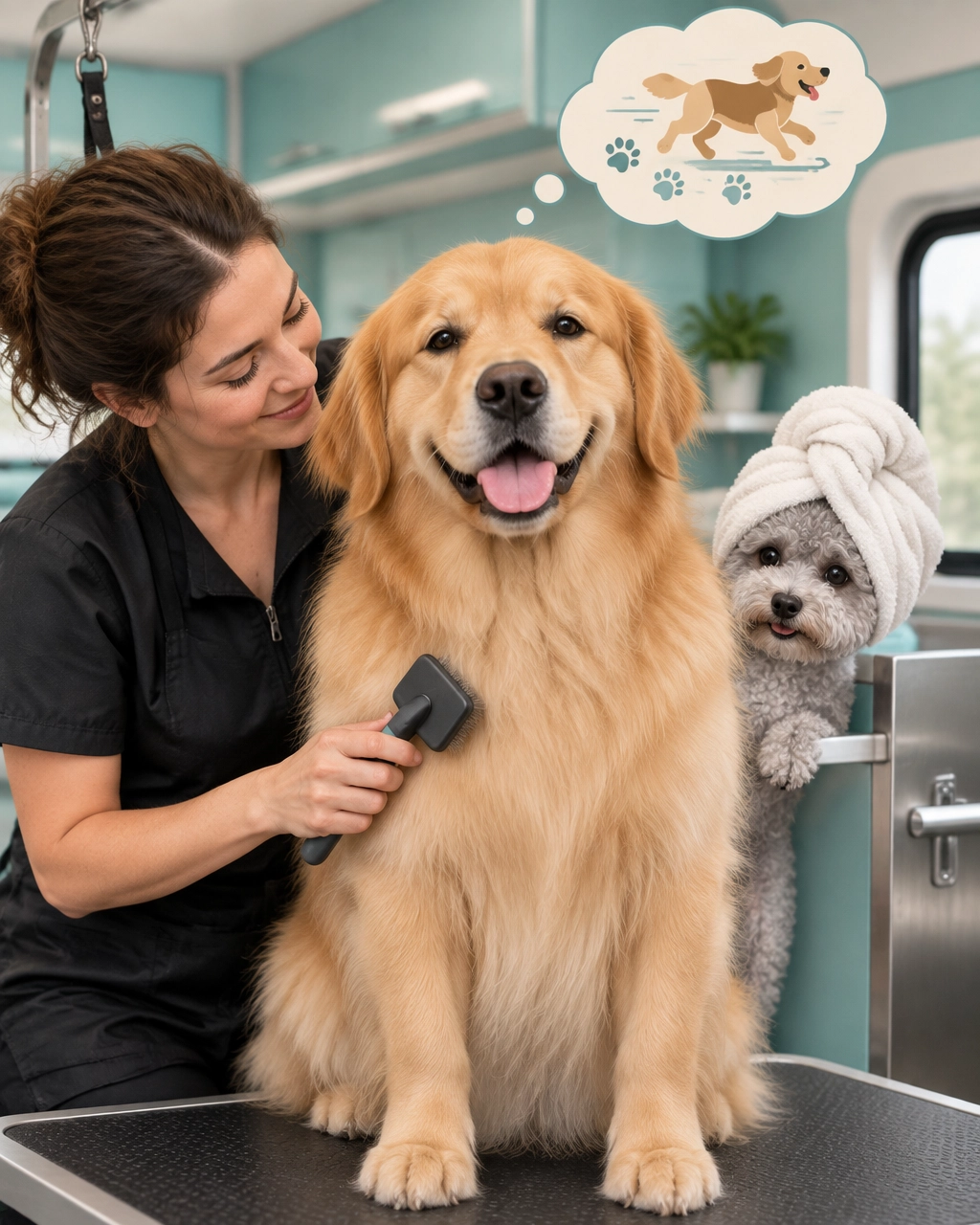 A calm giant golden retriever relaxing in a mobile grooming van with playful illustrated paw prints suggesting happy zoomies