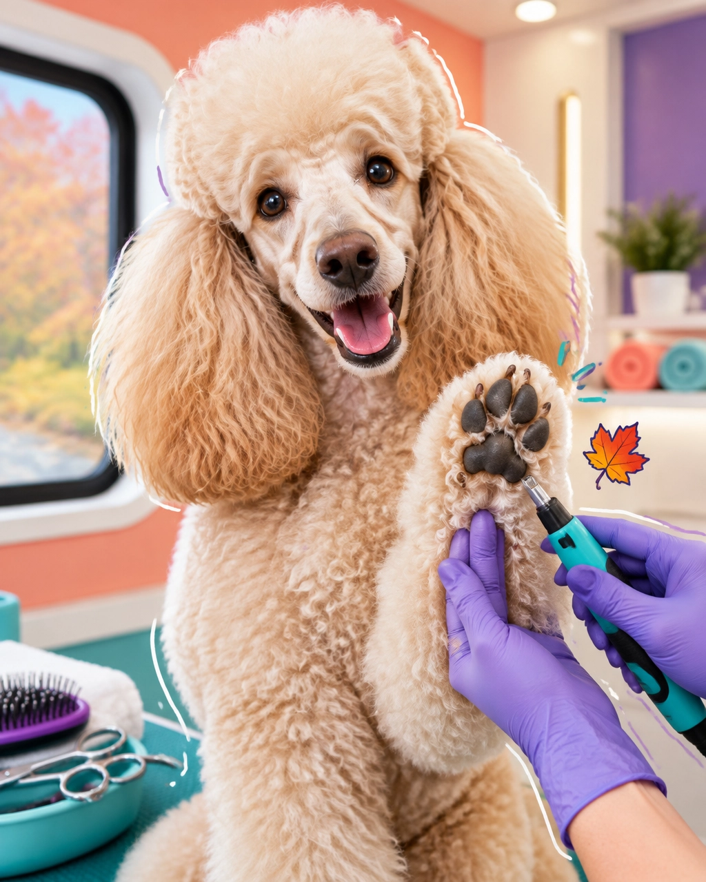 Happy standard poodle receiving a neat paw and sanitary trim inside a luxury mobile grooming van