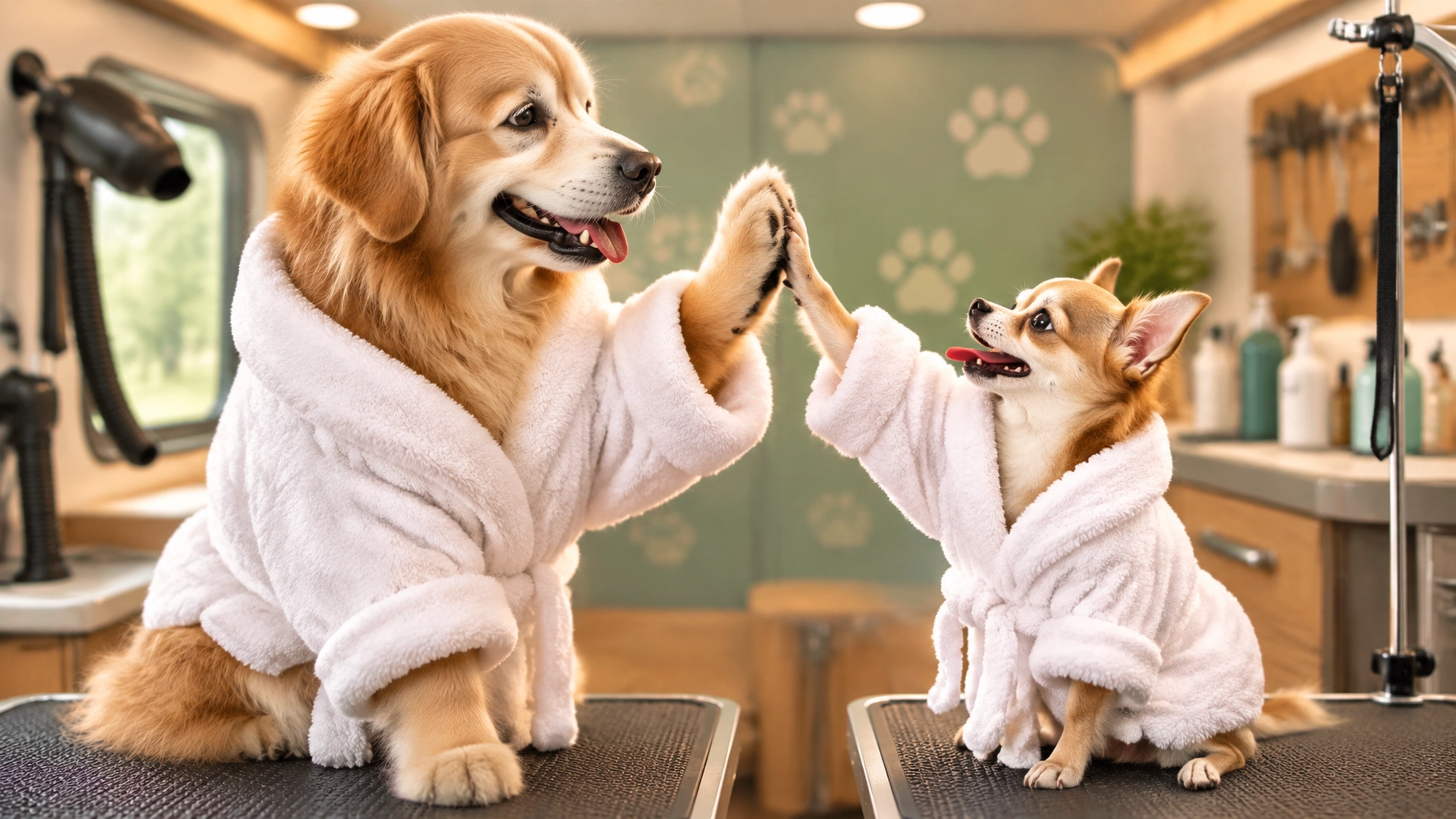 A large golden retriever and a tiny Chihuahua playfully high-fiving in a colorful mobile grooming salon