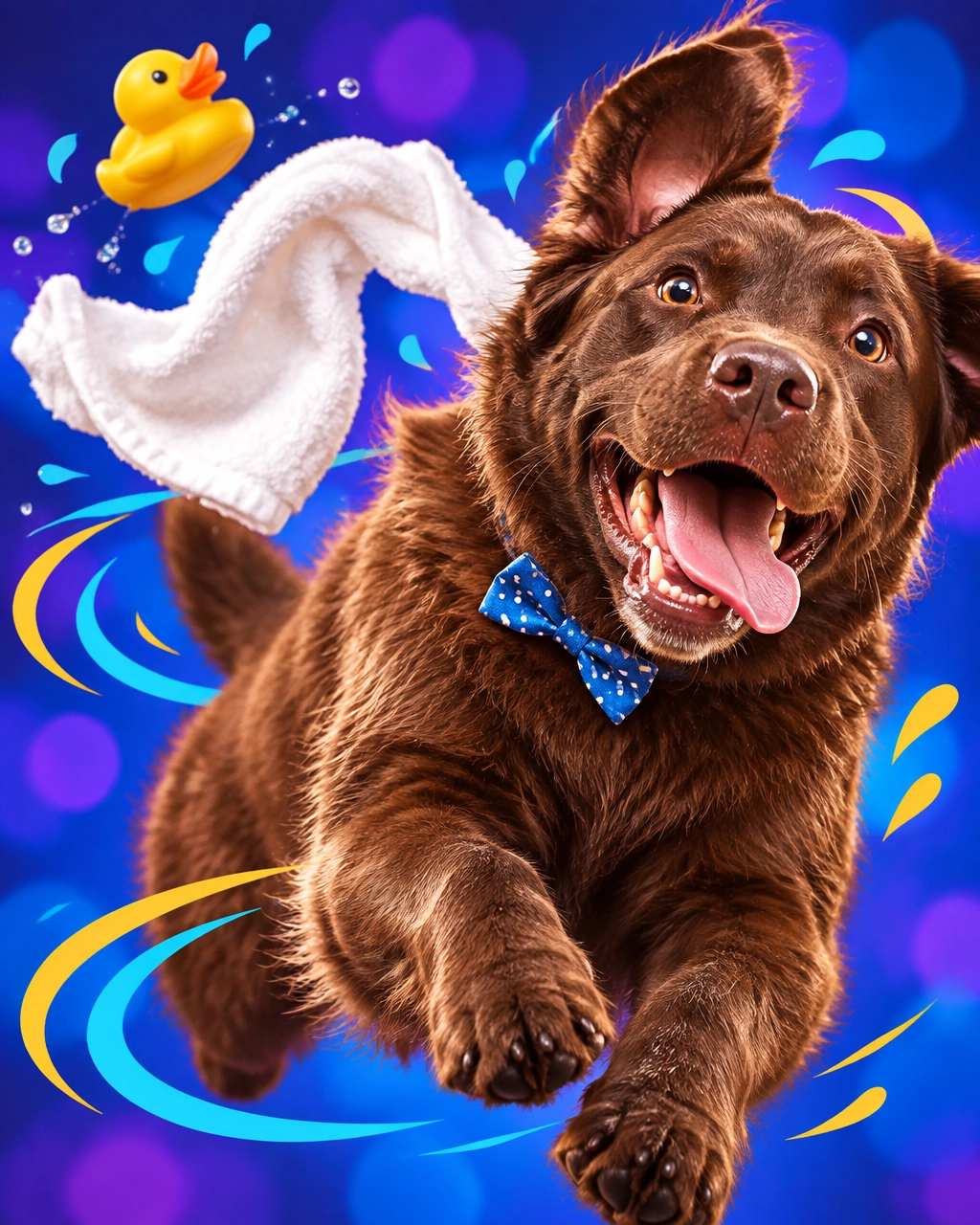 A goofy chocolate Labrador launching into happy post-grooming zoomies with a crooked bowtie and flying towel