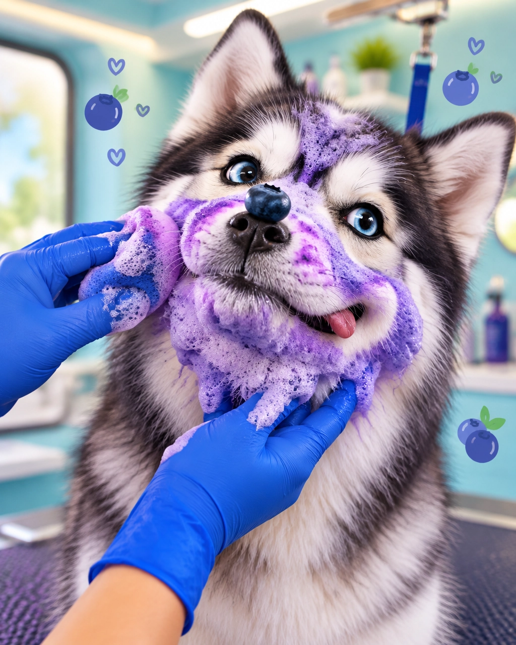 A fluffy Husky enjoying a playful blueberry facial with purple foam and a blueberry on its nose