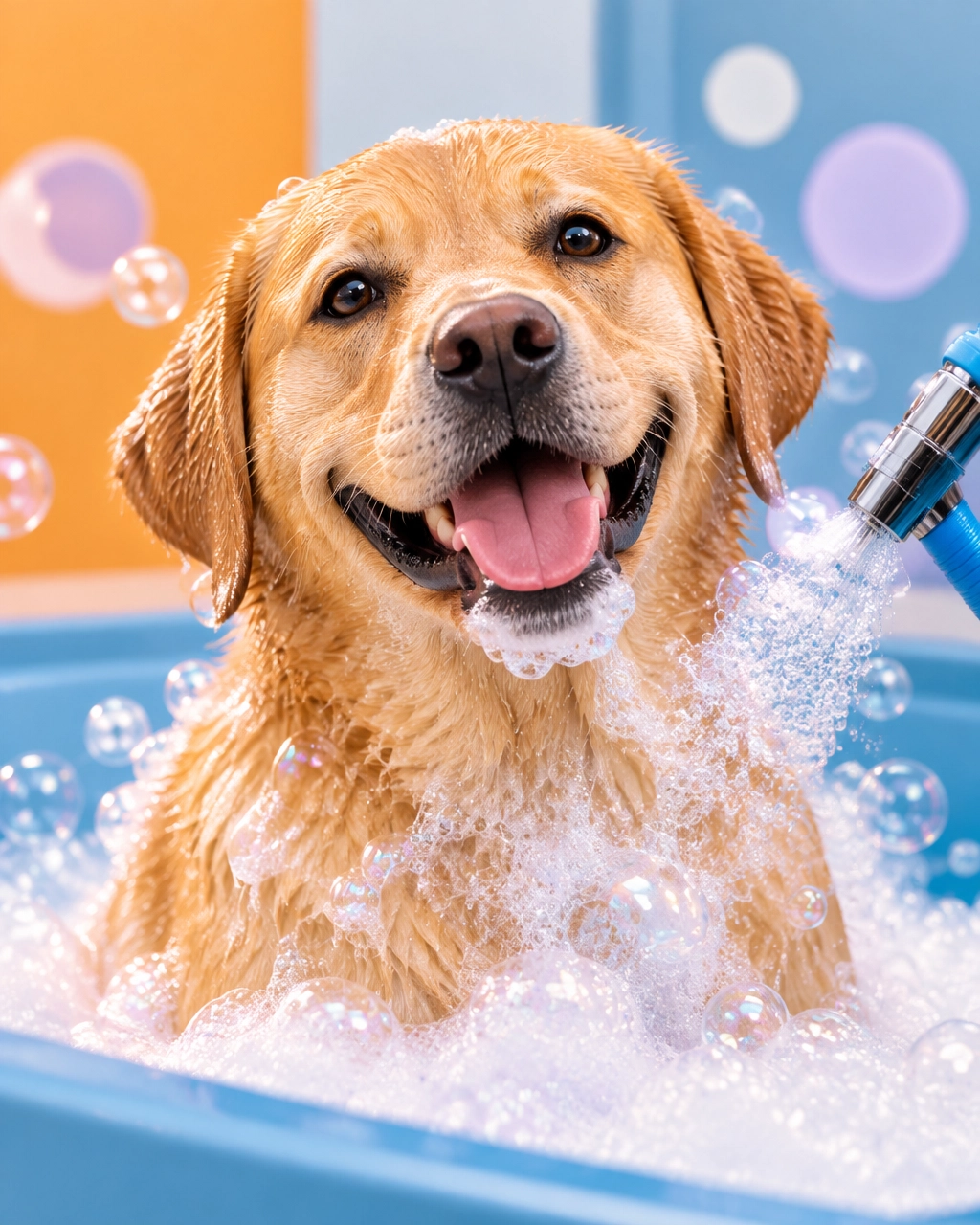 Relaxed Labrador Retriever enjoying a gentle oxygenated bath during one-on-one mobile grooming