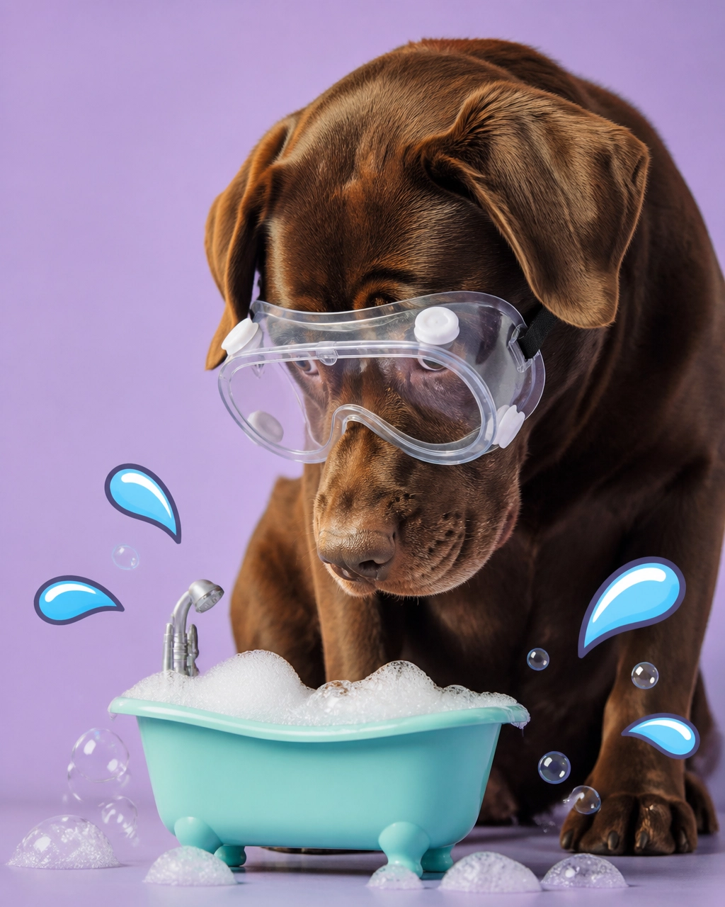 McKinney mobile dog groomer humor: chocolate Labrador wearing goggles and inspecting a tiny bubble-filled bathtub