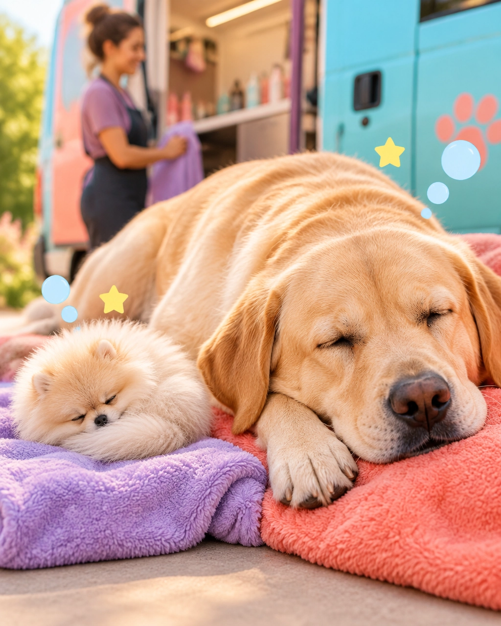 McKinney mobile dog groomer relaxing two dogs of different sizes after their peaceful spa appointments