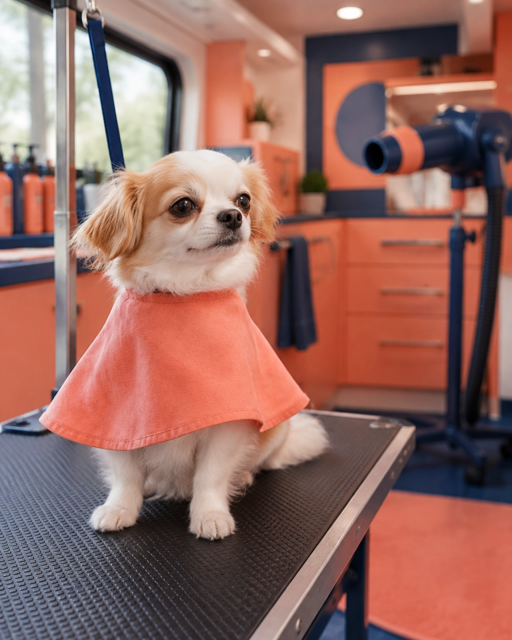 Small dog sitting calmly in a mobile salon with a tiny grooming cape