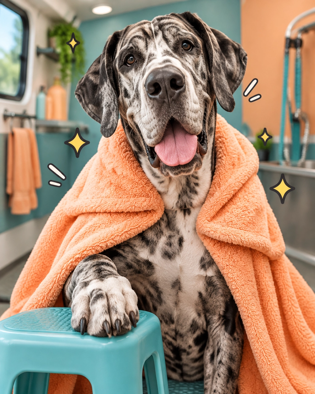 McKinney mobile dog groomer: a relaxed Great Dane enjoying a gentle, playful spa moment