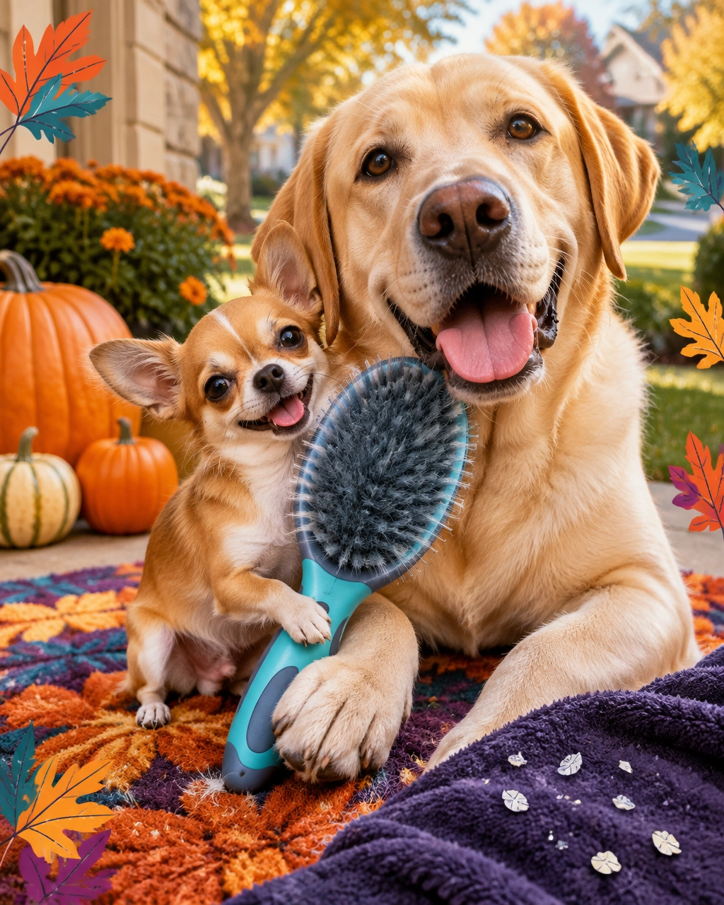 McKinney mobile dog groomer image of a tiny Chihuahua and giant Labrador sharing an oversized grooming brush