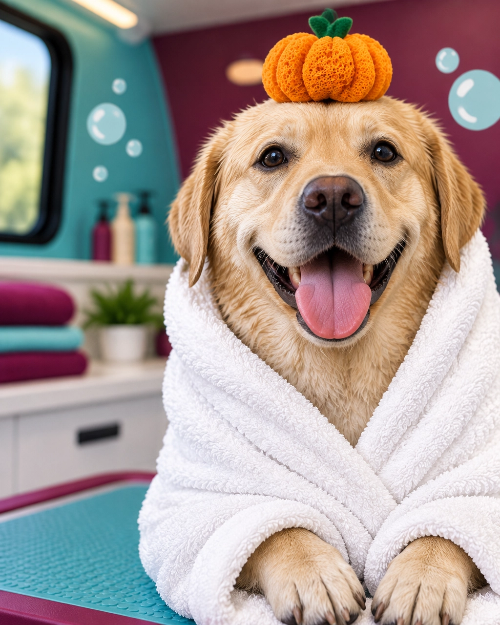 Large Labrador retriever wrapped like a towel burrito after a playful spa bath