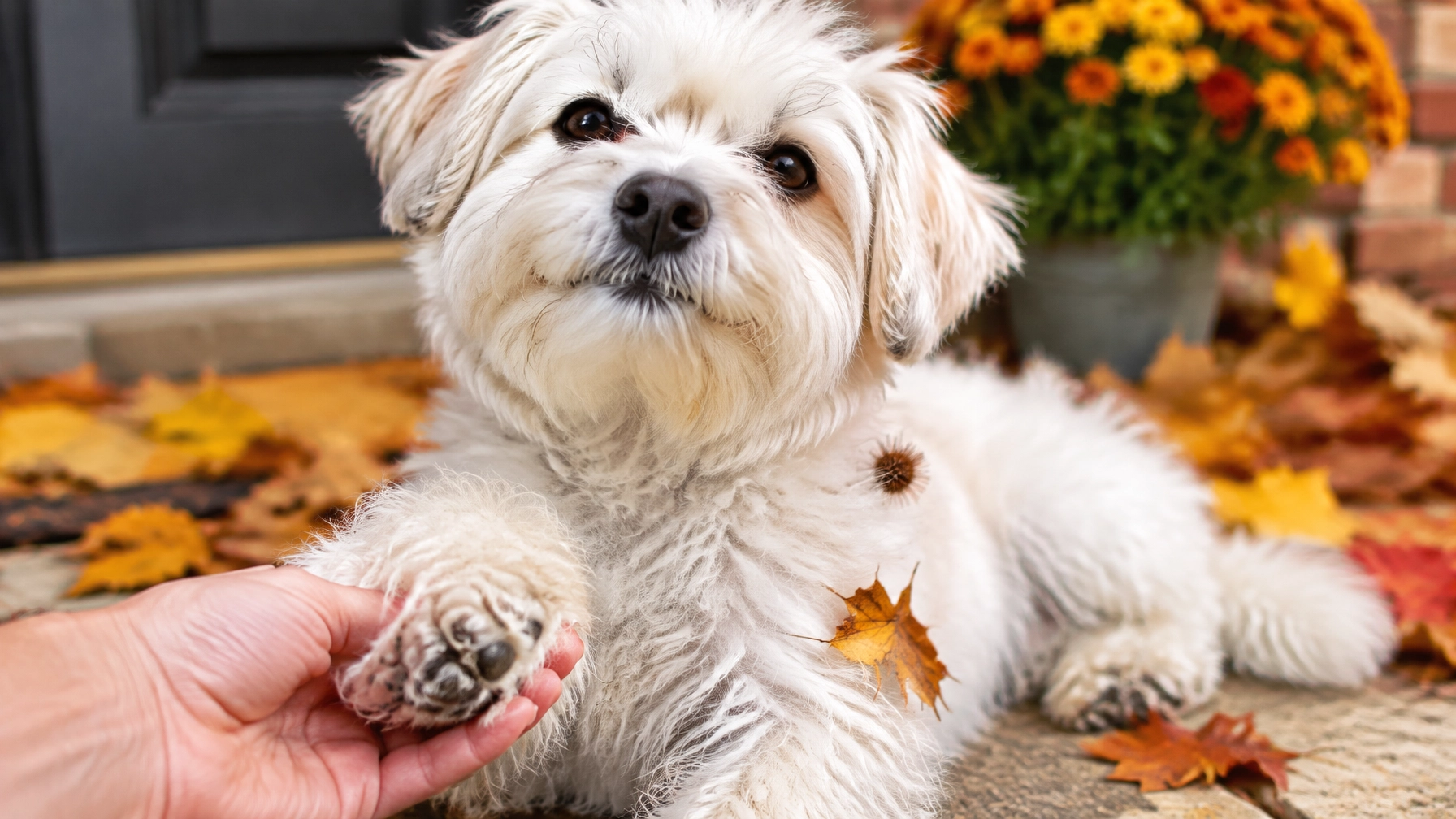A tiny fluffy dog getting a gentle paw check after a fall yard adventure