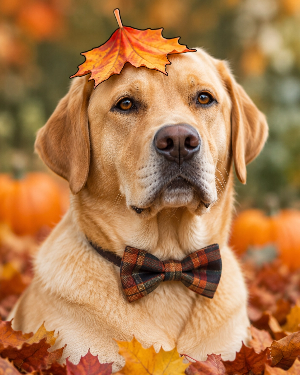 A freshly groomed Labrador in a bow tie sits proudly in a pile of fall leaves