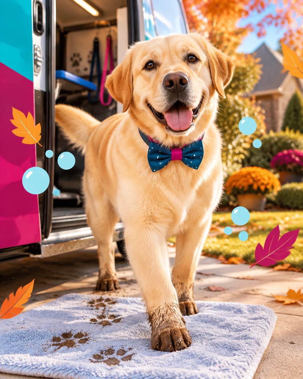 A freshly groomed Labrador stepping from a mobile salon onto a clean towel after a muddy fall walk