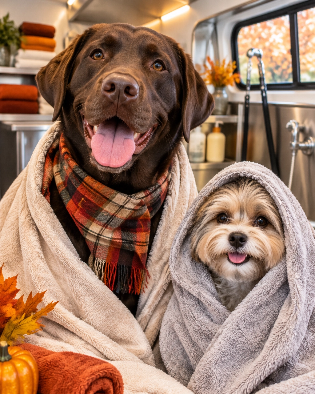 Chocolate Labrador and small dog wrapped in towels after a comfortable mobile grooming appointment