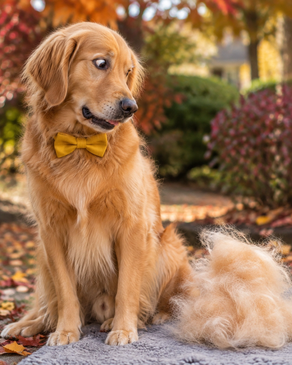 Golden retriever during a fall coat change with loose undercoat beside it