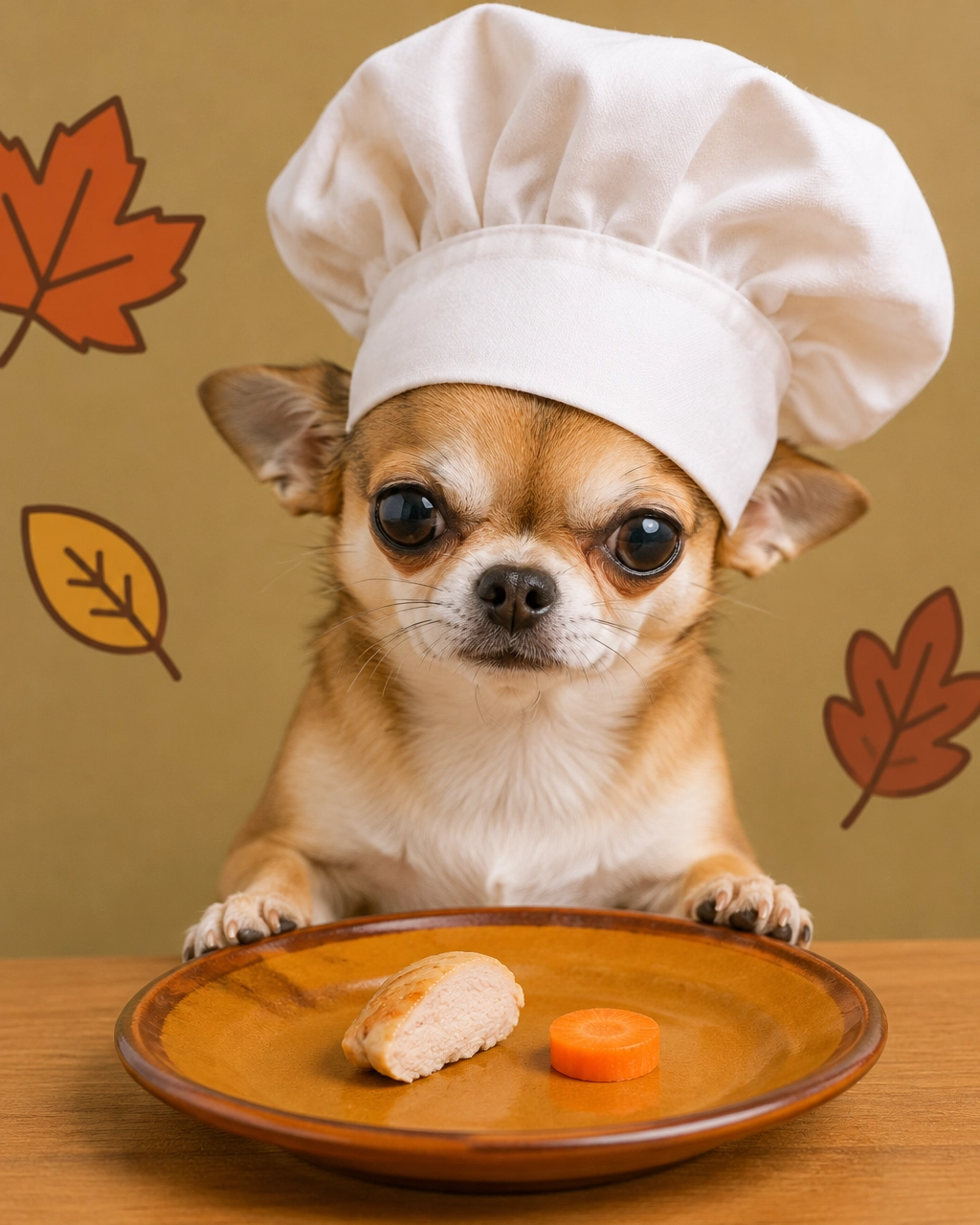mckinney mobile dog groomer Thanksgiving treat idea: a tiny Chihuahua in an oversized chef hat beside a very small turkey bite