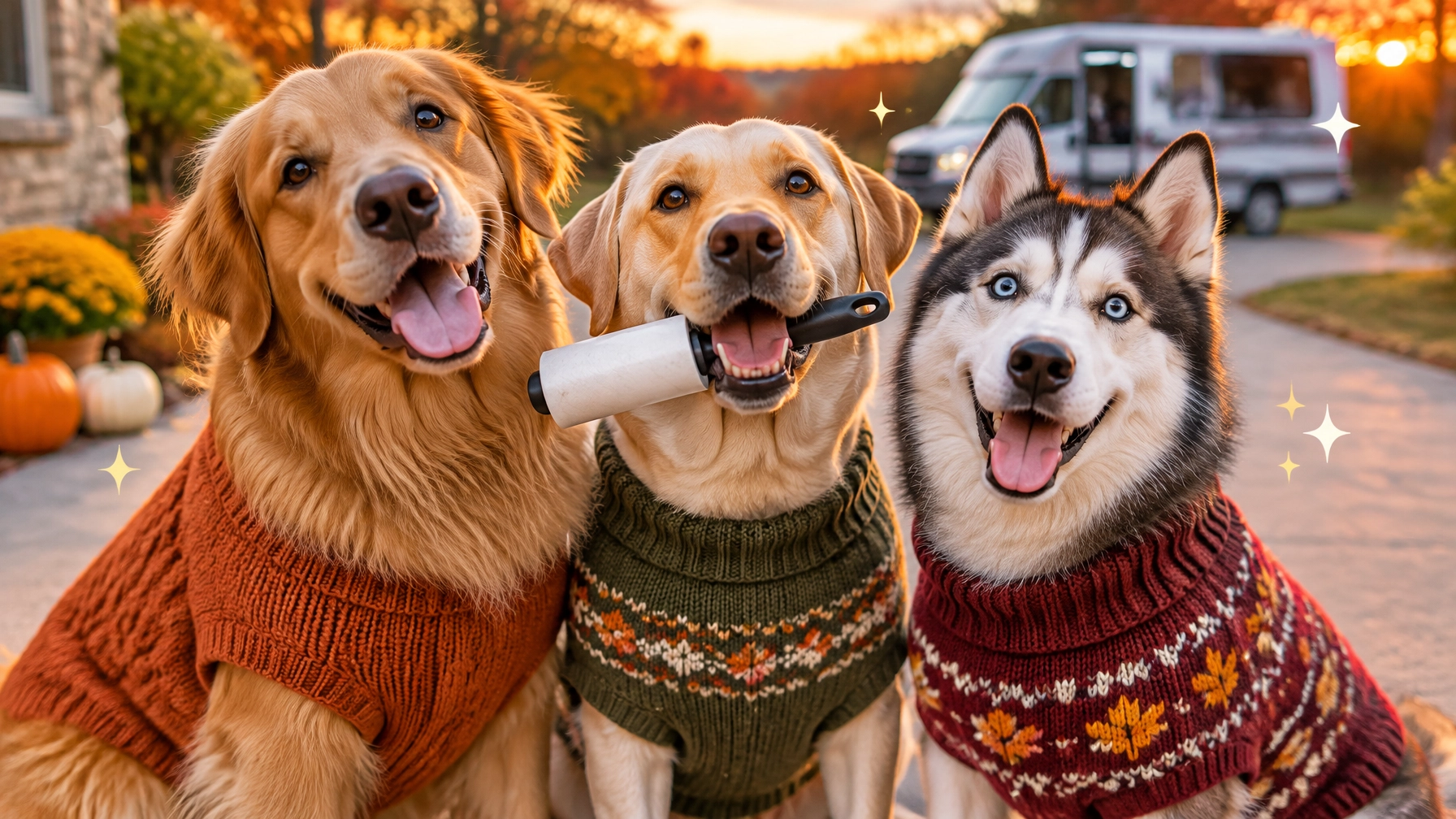 McKinney mobile dog groomer image of freshly groomed golden retrievers, lab, and husky wearing cozy fall sweaters