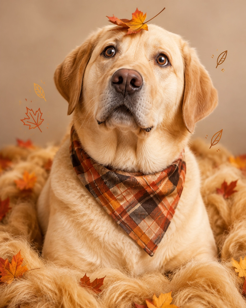 mckinney mobile dog groomer fall de-shedding portrait of a large Labrador with a leaf on its head