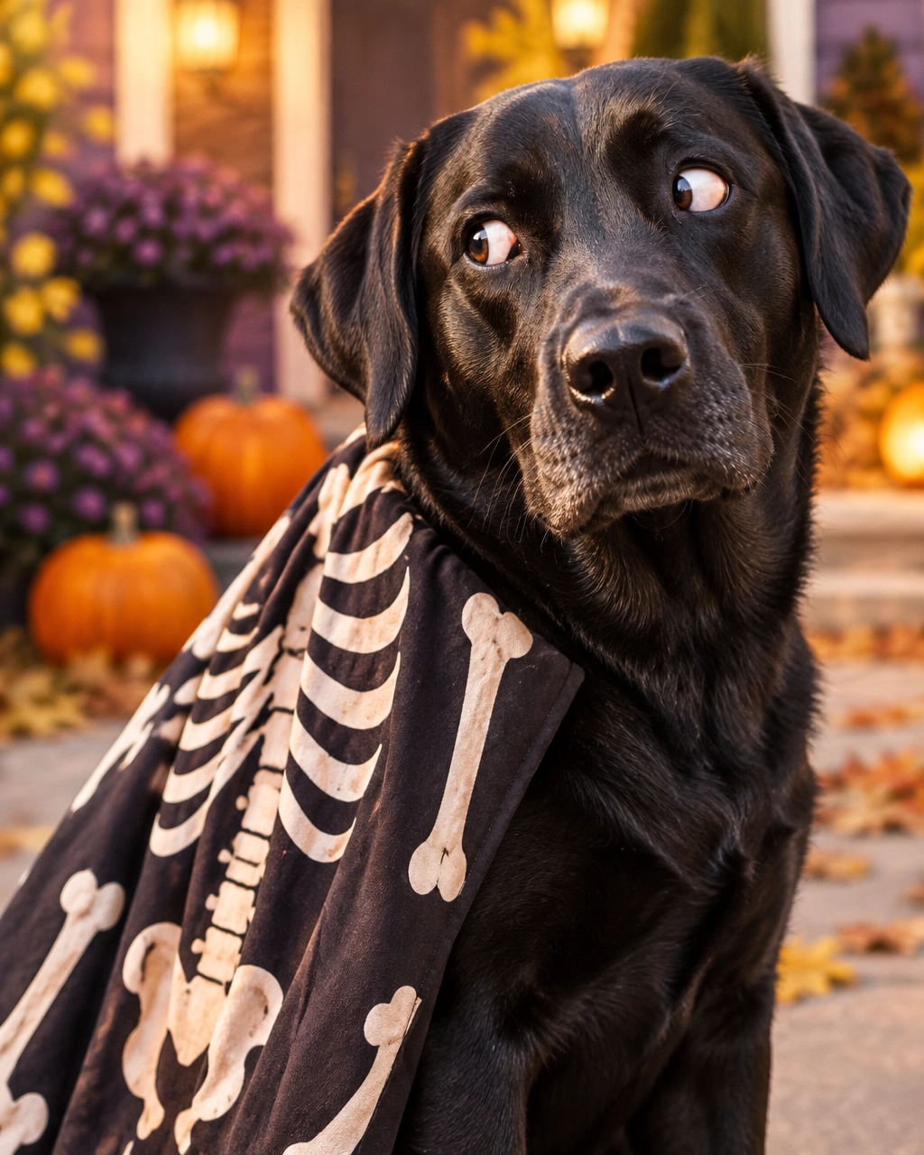 melissa mobile dog groomer Halloween cleanup: a black Lab giving dramatic side-eye as its oversized skeleton cape slips sideways