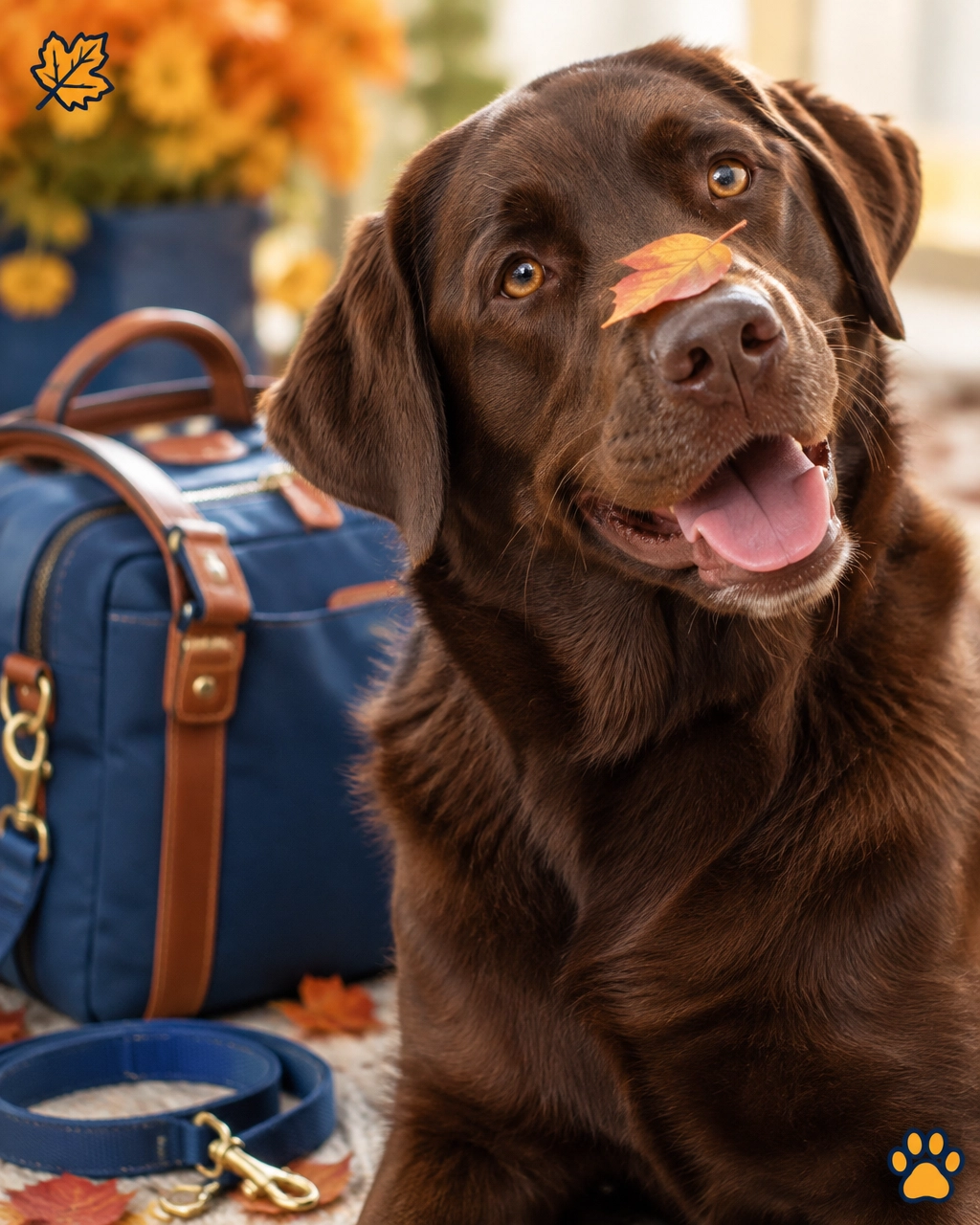 Happy chocolate Labrador with a fall leaf on its nose beside a leash and travel bag, with a mckinney mobile dog groomer