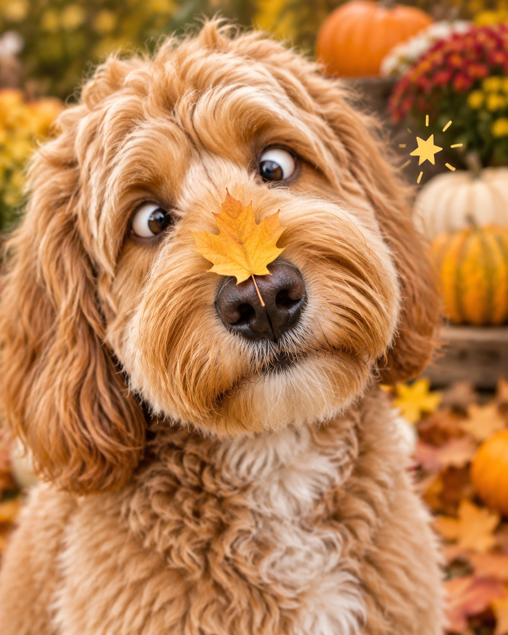 A fluffy doodle gives a cross-eyed look to a leaf stuck on its nose as a camera flash pops