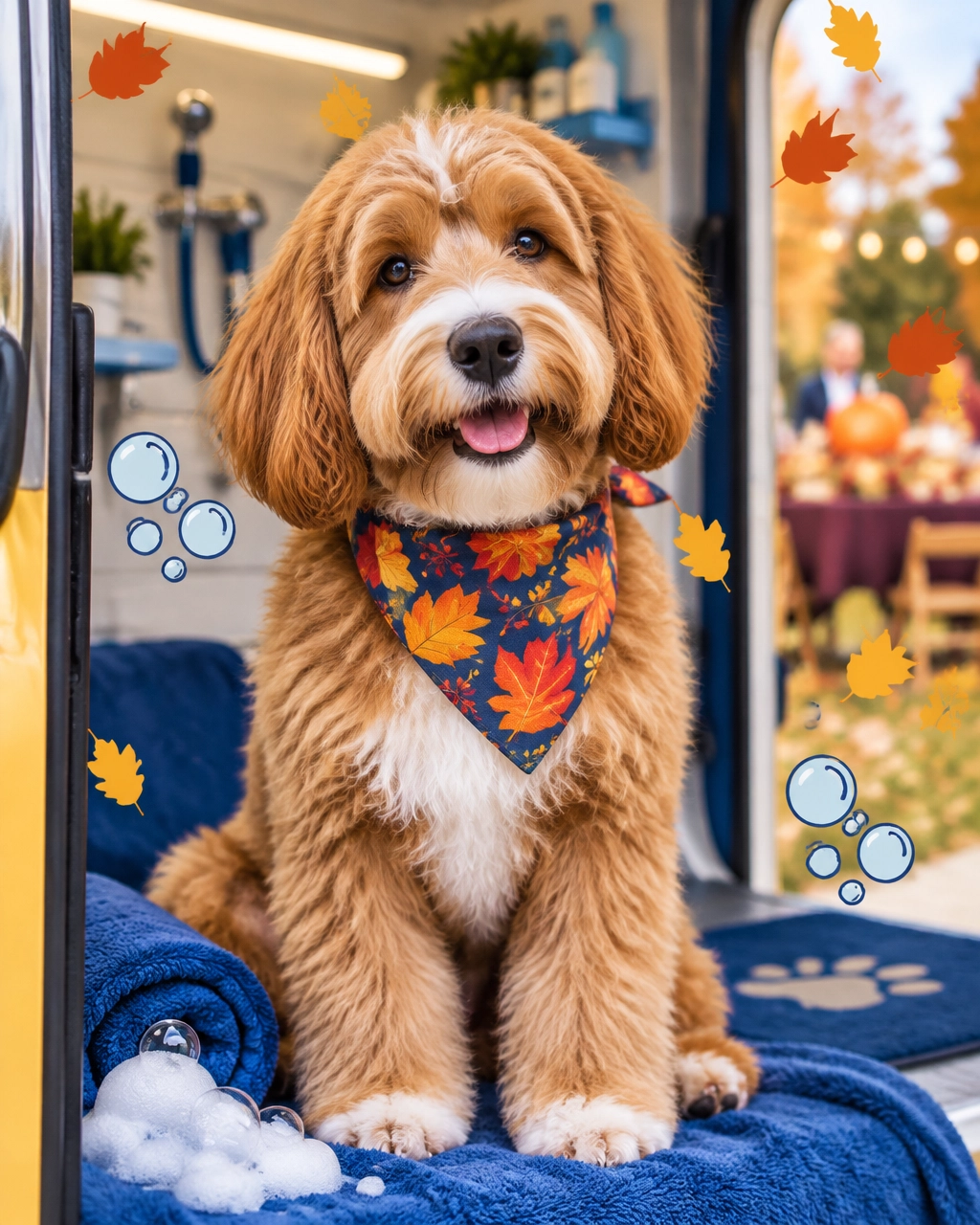 mckinney mobile dog groomer holiday prep: a relaxed, freshly groomed dog in a calm mobile salon with soft autumn accents