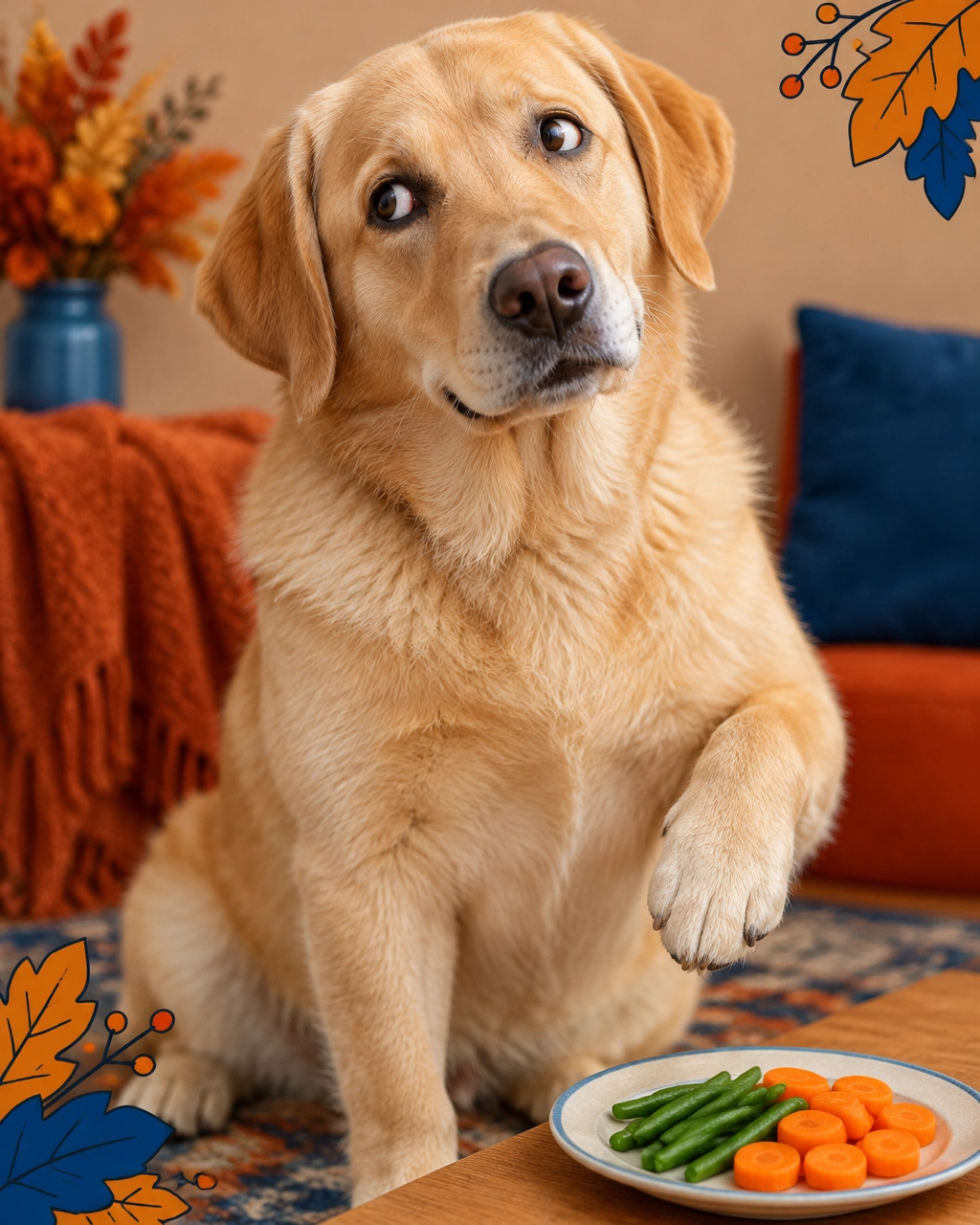 mckinney mobile dog groomer Thanksgiving grooming: a freshly groomed Labrador giving a hopeful side-eye to a few green beans and carrot coins