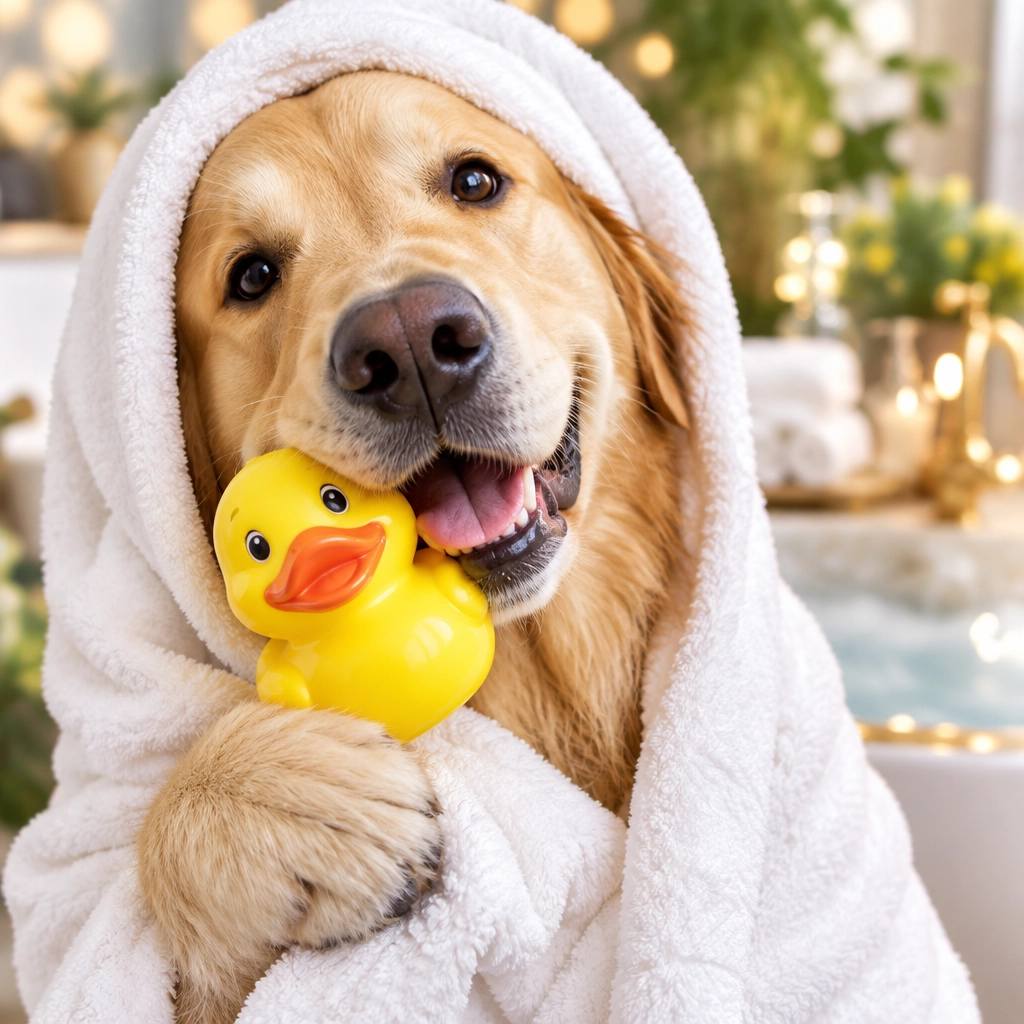 McKinney mobile dog groomer presenting a freshly bathed goofy golden retriever in a fluffy towel with a rubber duck and squeaky-clean sparkle energy