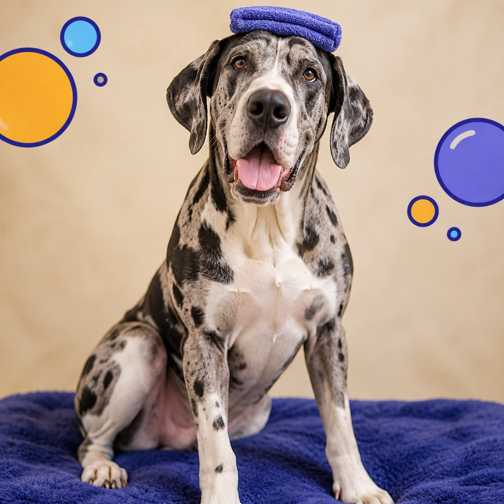 McKinney mobile dog groomer portrait of a happy three-legged Great Dane with a tiny towel on its head