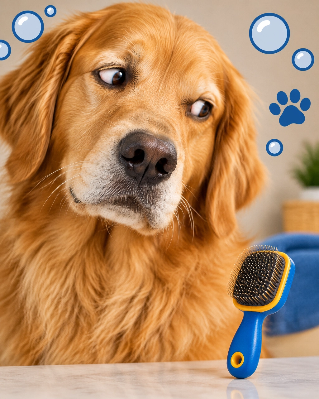 McKinney mobile dog groomer: a large fluffy dog gives a playful side-eye to a tiny grooming brush