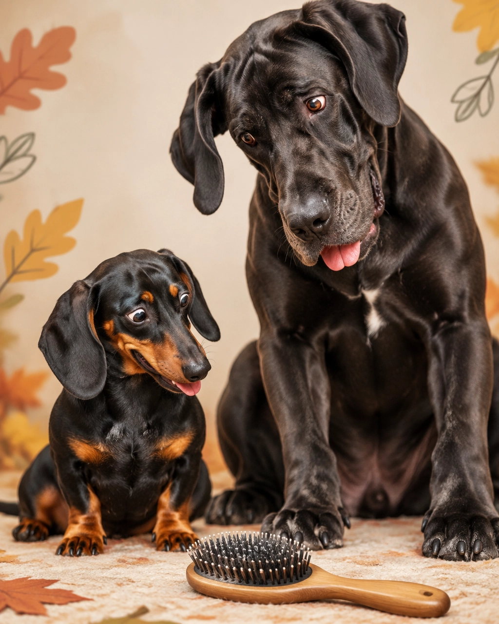 mckinney mobile dog groomer: tiny dachshund and giant Great Dane giving a brush a curious look