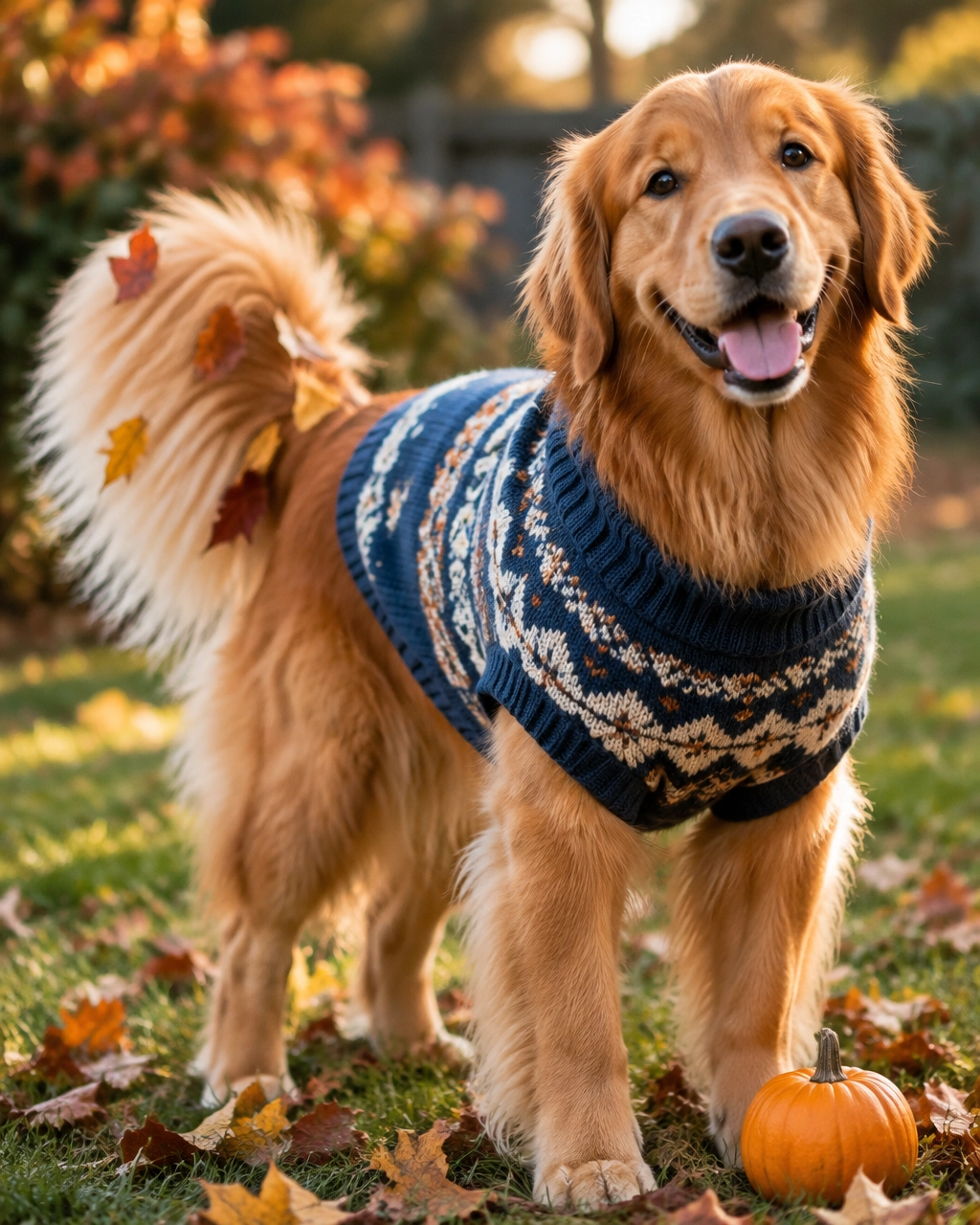 Freshly groomed golden retriever in a fall sweater with leaves on its tail beside a pumpkin