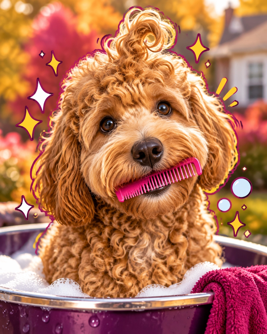 Prosper mobile dog groomer funny doodle dog holding a comb in a grooming tub