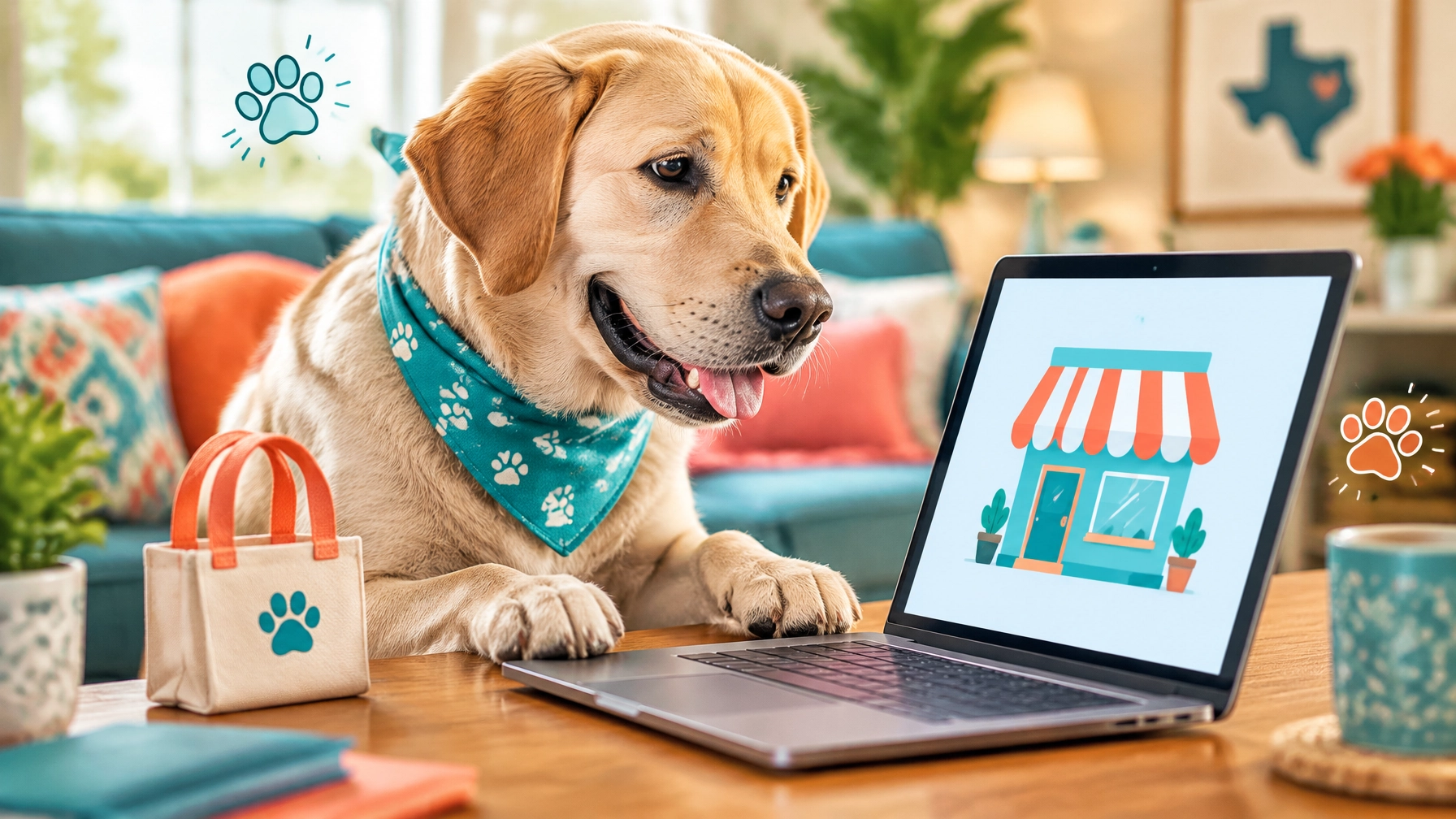 mckinney mobile dog groomer brings the small-business spirit to life as a Labrador browses a generic local storefront on a laptop