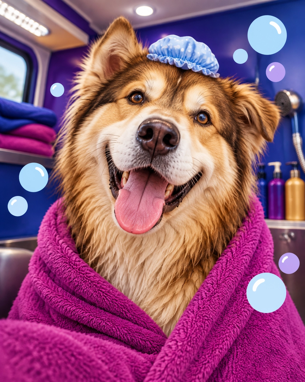 A very large fluffy dog enjoying a towel wrap after an oxygenated bath inside a mobile grooming van