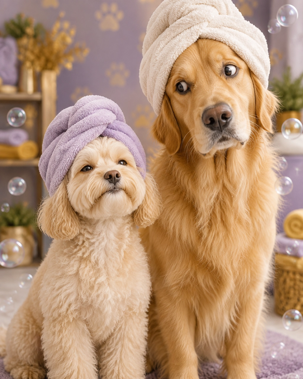 Small doodle and golden retriever wearing towel turbans after a silly spa day with a Melissa mobile dog groomer