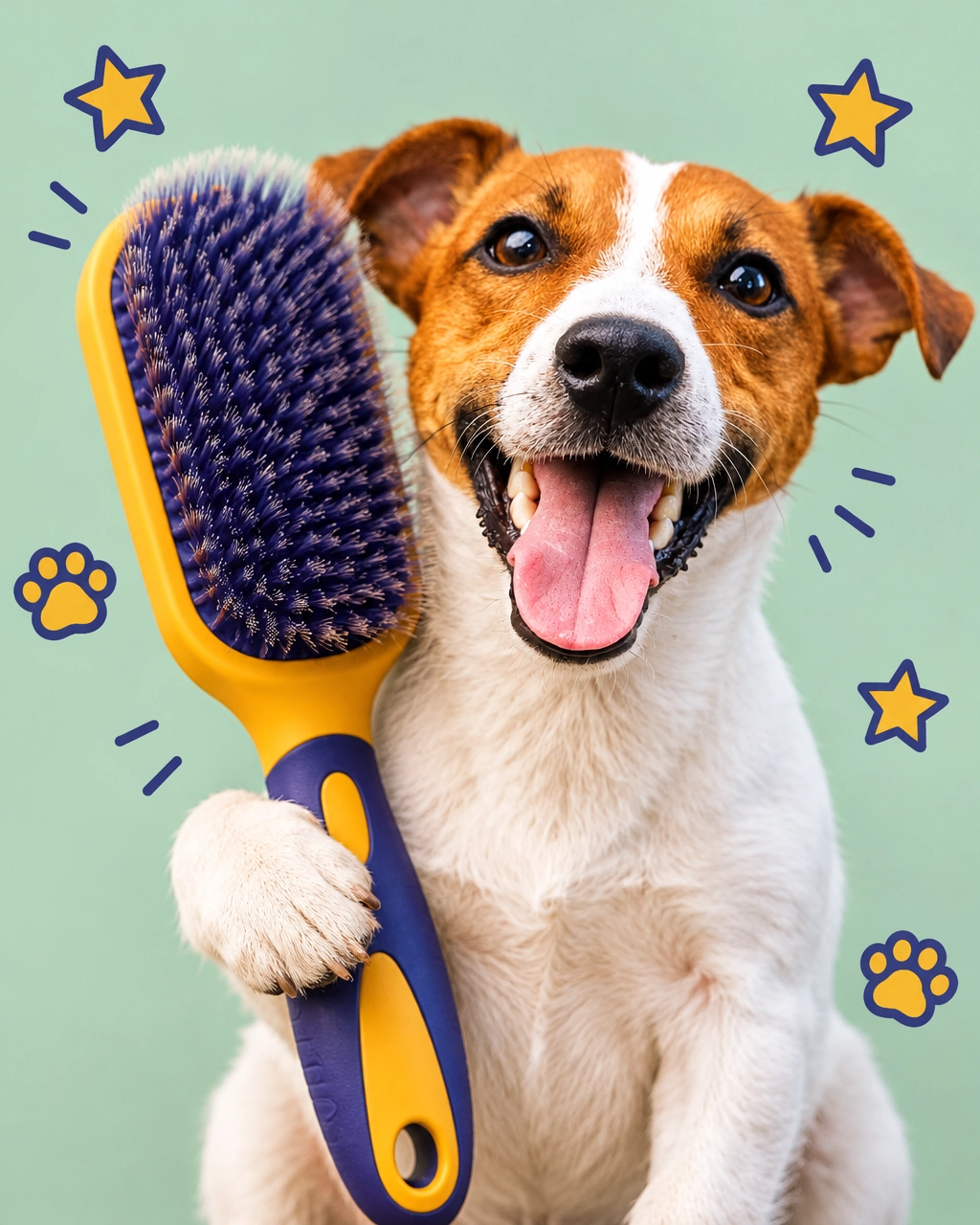 Prosper mobile dog groomer guide with a proud small dog posing beside an oversized soft-bristle grooming brush