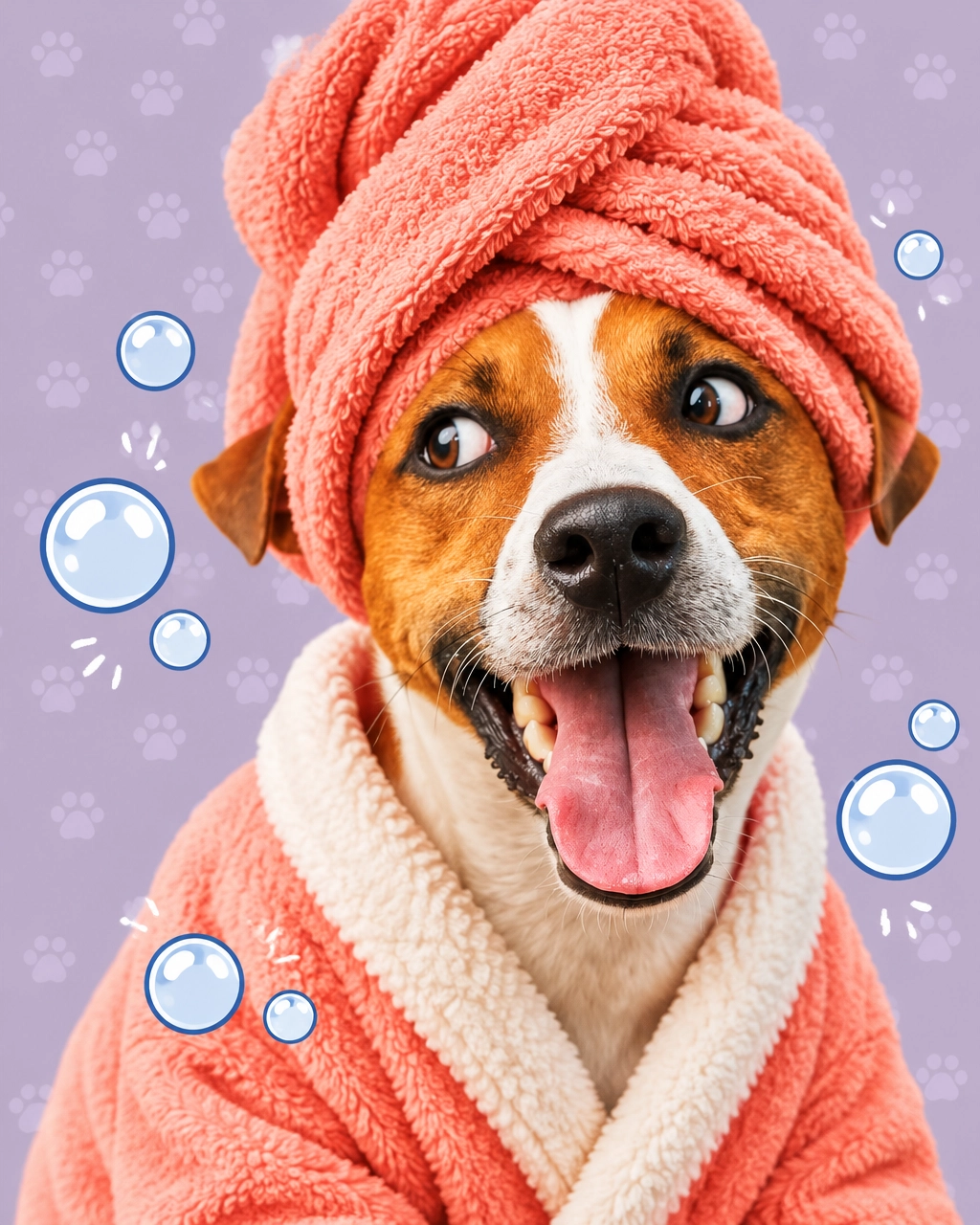 Prosper mobile dog groomer guide with a Labrador wearing a bathrobe and oversized towel turban, looking comically ready for a spa day